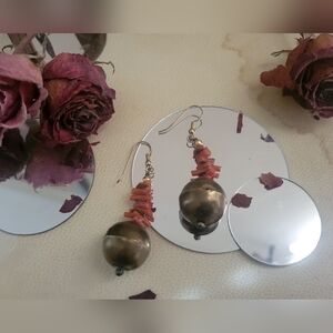 Gold Bead & Red Coral Dangle Earrings